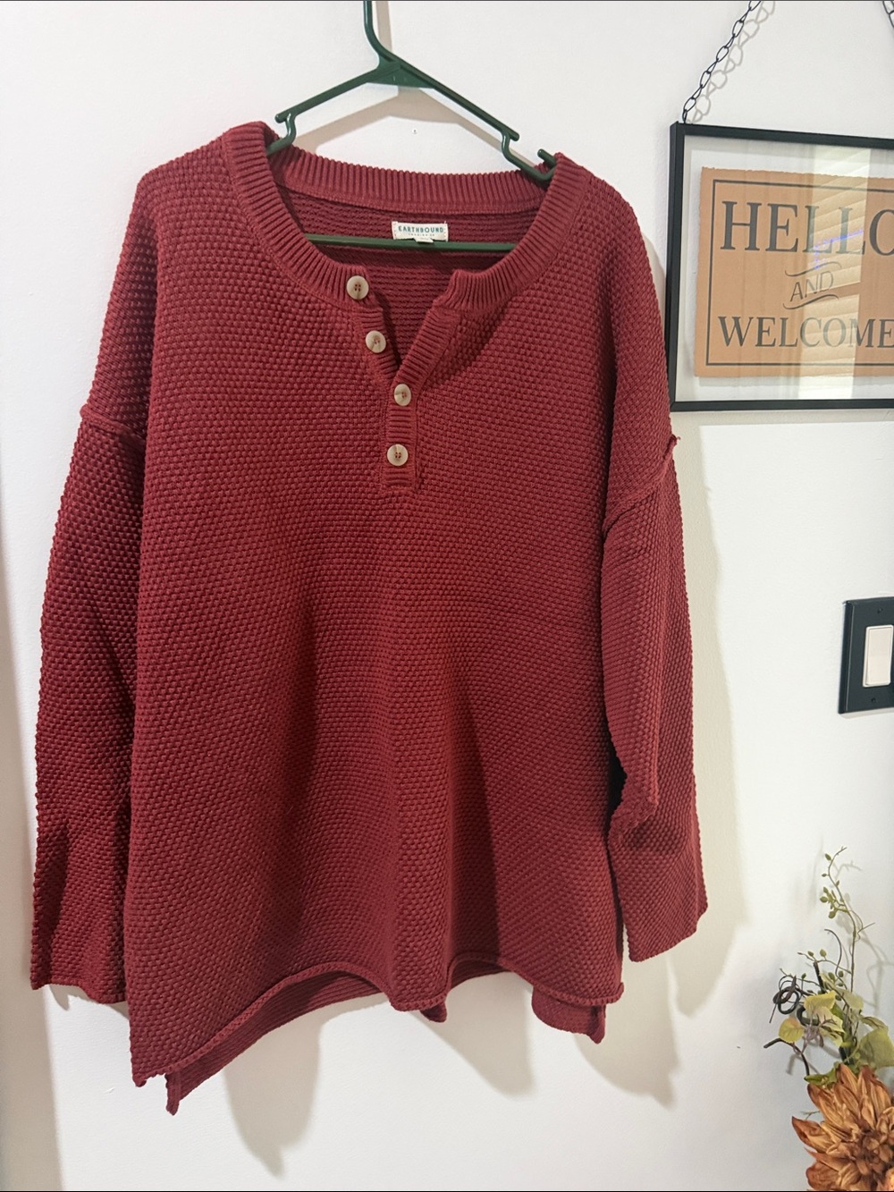 EARTHBOUND rust red textured henley sweater